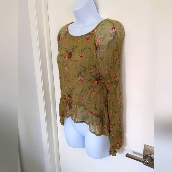 Zara Woman Olive Green rose print sheer sleeve and back blouse size M - Picture 3 of 7